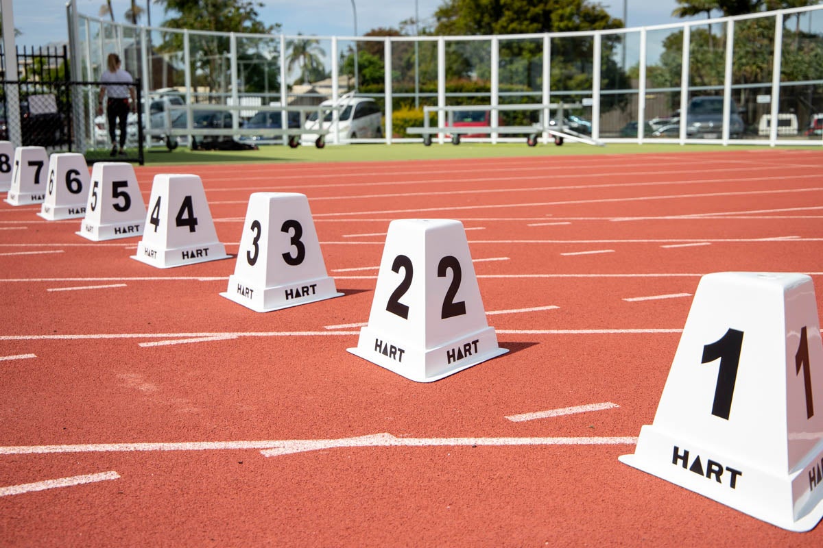 Set of 8 Hart Sport NZ Lane Markers for athletics fields, 41cm long, used for marking running lanes and track boundaries.