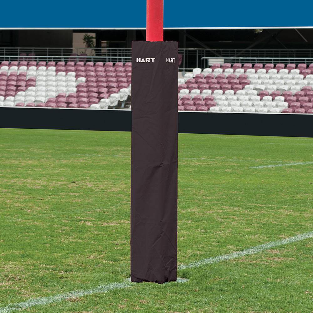 Set of four HART square rugby post pads, 25cm, white, designed to protect rugby goalposts during matches.